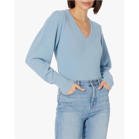 NEW~ 18” Blue The Drop Edith Pleated-Shoulder V-Neck Sweater XS - Picture 1 of 7